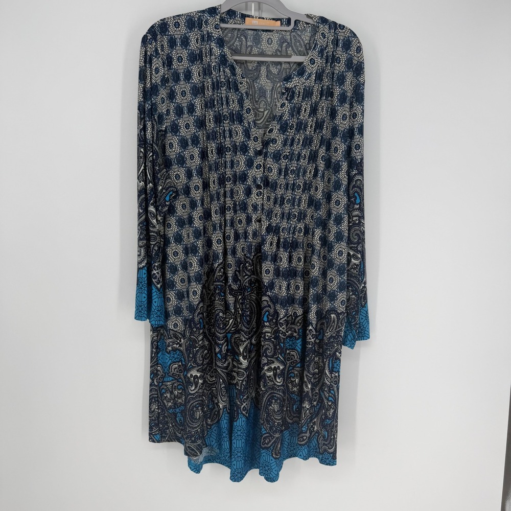 La Cera Tunic Dress Womens 2X Blue Paisley Pintuck Boho Coastal Peasant Stretch